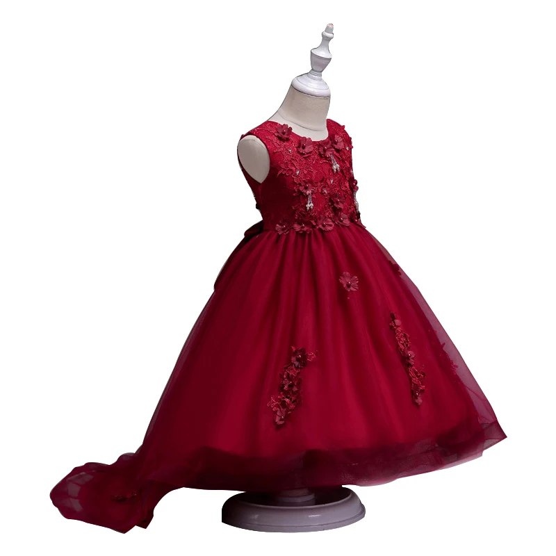 Детское платье принцессы с длинным шлейфом для девочек; платья для дня рождения; одежда для детей 8-10 лет; красное рождественское праздничное платье - Цвет: Красный