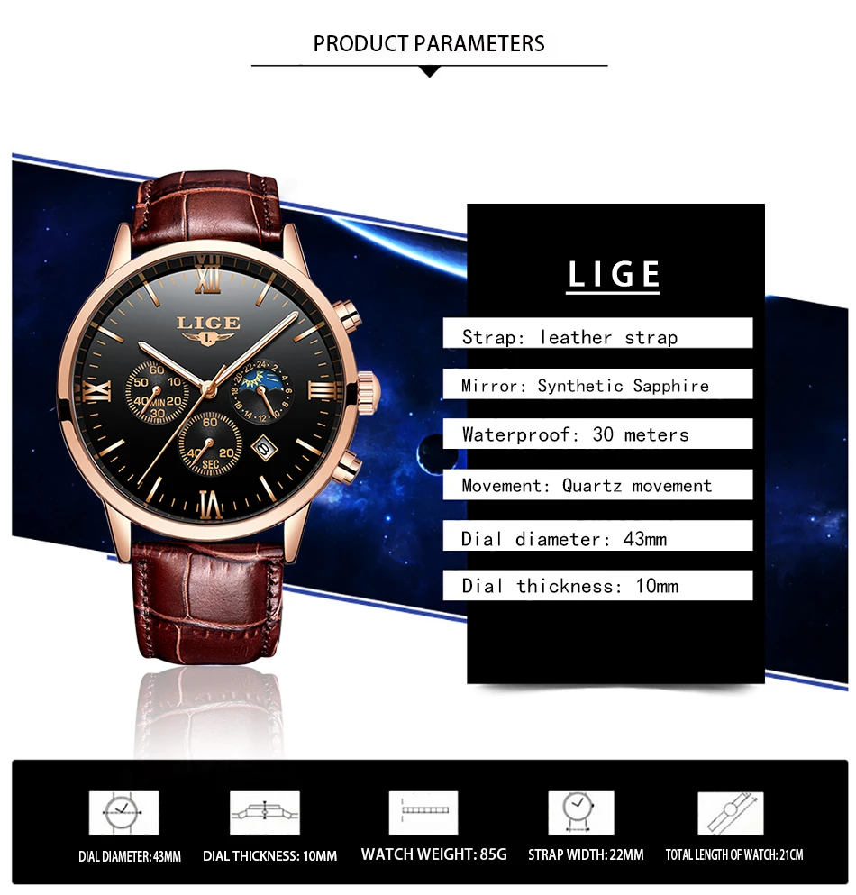 LIGE Mens Watches Top Brand Luxury Fashion Watch Men Leather Quartz Clock For Male Auto Date Rose Gold Shell relogio masculino