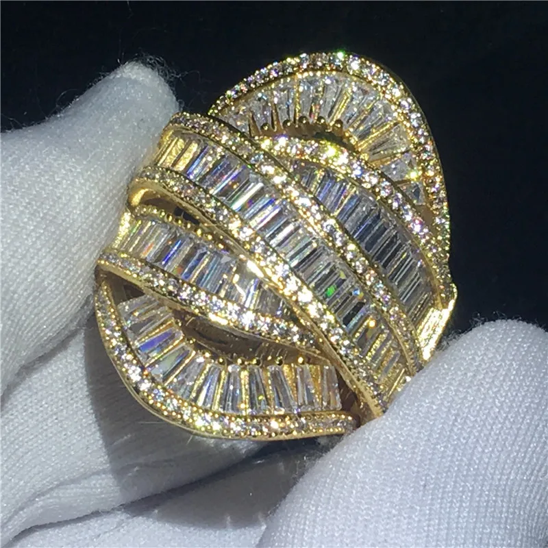 Vecalon, большое кольцо, желтое золото, заполнено 925 серебром, Т-образная форма, кубический цирконий, вечерние, обручальные кольца для женщин, ювелирные изделия на палец