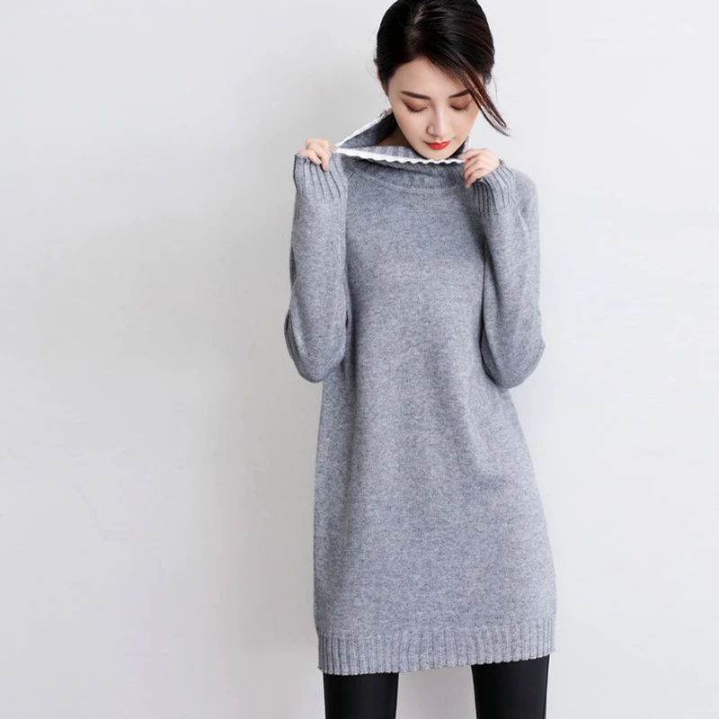 Autumn new high collar long section warm cashmere sweater solid color long sleeve loose large size fashion comfortable sweater Autumn new high collar long section warm cashmere sweater solid color long sleeve loose large size fashion comfortable sweater