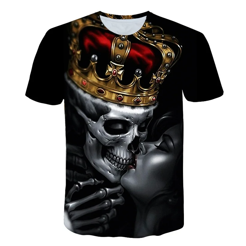 

Cool Kiss Tshirt New Fashion Men's Print lovers Crown Skulls 3D T-shirt Black T Shirts Man Hiphop Streetwear O Neck Tee Shirts