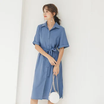 

2019 summer new women long chiffon shirt dress female short-sleeved popular over the knee waist shirt blouse Split hem tops d065