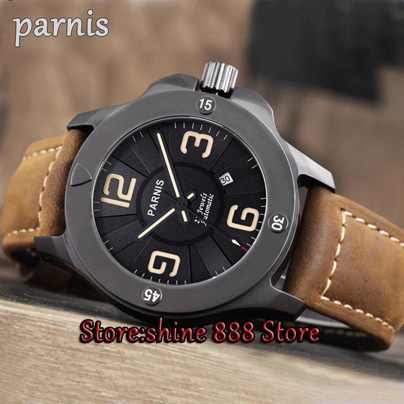 

Men's Watches Mechanical Parnis Watch 47mm Silver/Black/Golden PVD Case Sapphire Crystal Leather Luminous Mens Automatic Watch