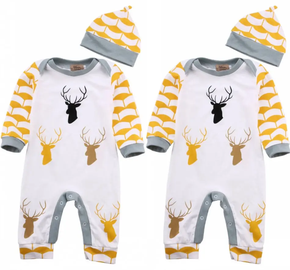 

2016 Autumn Winter Newborn Baby Boys Girls Fashion Romper+Hat lovely Deer Print Long-sleeve Infant Jumpsuit Clothing 0-24M