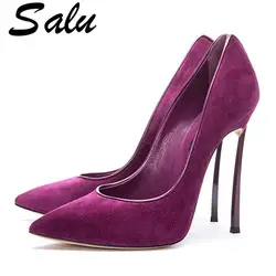Salu/женские фиолетовые туфли на высоком каблуке, модные туфли на ультравысоком каблуке-шпильке, черные вечерние туфли-лодочки с острым