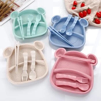 

Wheat Straw Student Portable Meal Fork Spoon Chopsticks Plate Set Cartoon Children Tableware