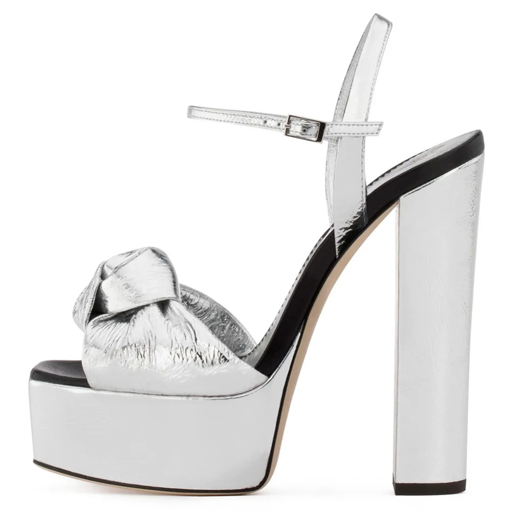 

Boldees Elegant Women Sliver Platform Dress Sandals Block Chunky Heels 14cm Ankle Strap Party Dress Shoes Open Toe Size 34-45