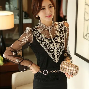 

2019 Women Lace Mesh Blusas Fimininas Mesh Embroidery Lace Shirt Female Long Sleeve Lace Blouse Tops Plus Size w469