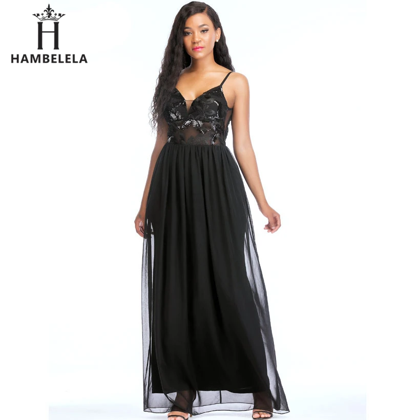 

HAMBELELA 2018 Summer Women Maxi Evening Party Dress Elegant Sequined Chiffon Dress Sexy See Through Long Dress Women Vestidos