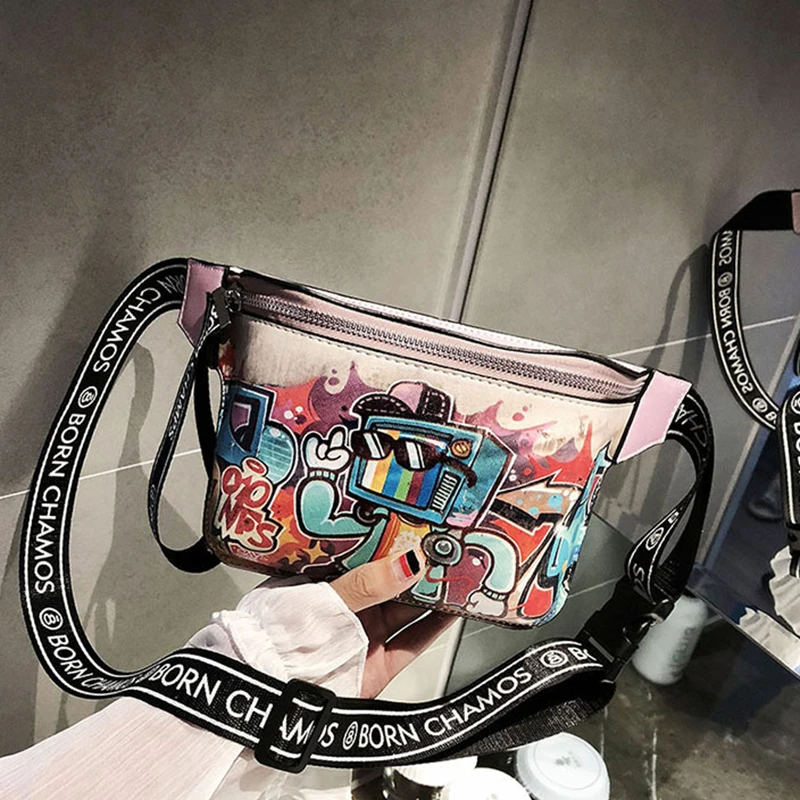 

Bag female 2019 spring new pockets Waist bags shoulder strap Messenger chest bag fashion personality graffiti hip hop pouch