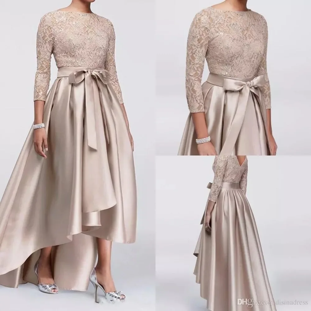 

Sequined Lace Top three quarter Sleeves Wear Cheap evening party gown Champagne A-line High Low Mother Of The Bride Dresses