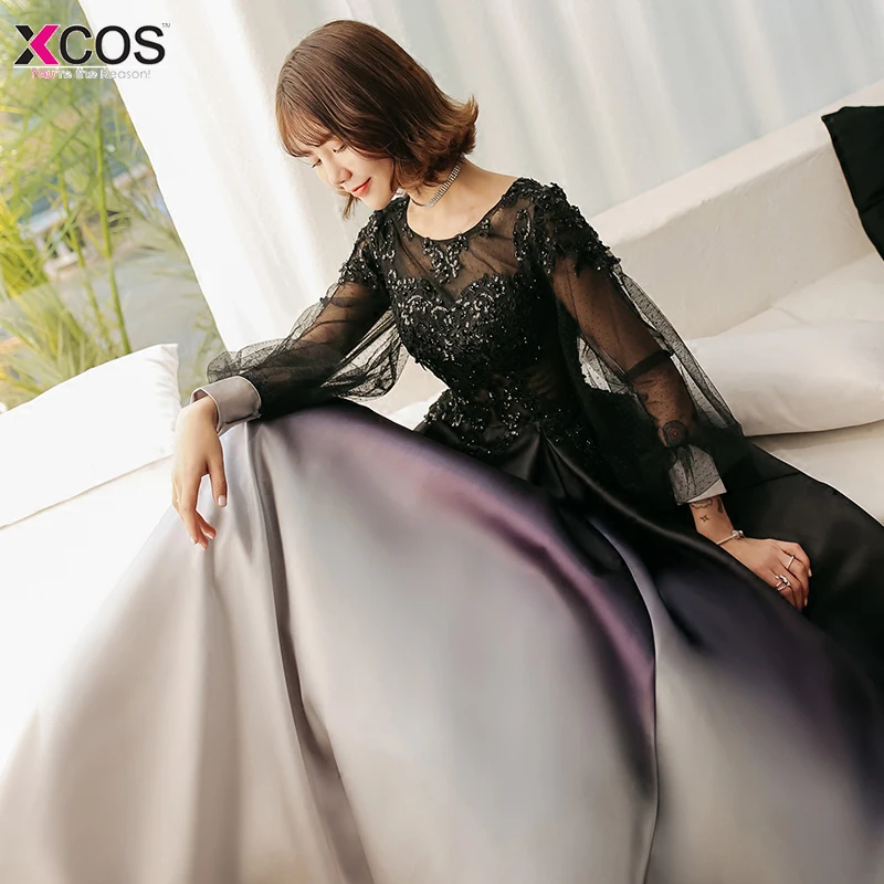 

Long Sleeve Evening Dress Ombre Gradient Prom Dresses with black Lace Beaded Floor Length Chiffon Formal Prom Party Gowns 2018