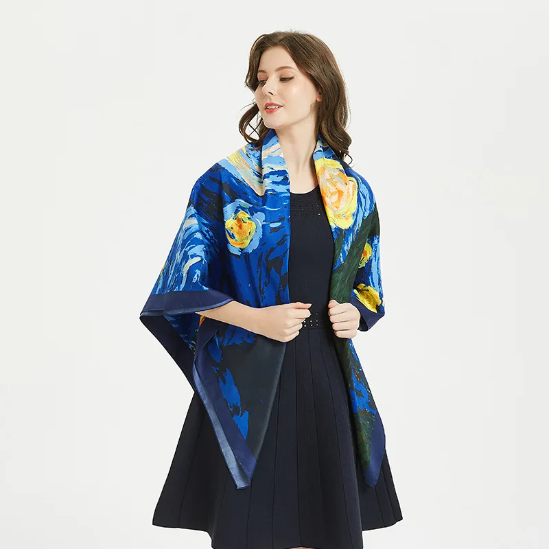 

Fashion Kerchief Scarf For Women Starry Sky Print Silk Hijab Scarfs 130*130cm Square Shawls Neckerchief Scarves For Ladies 2019