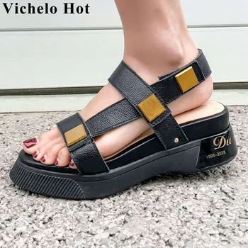 

Vichelo Hot cow leather mixed color handsome girl peep round toe women sandals med bottom platform hook&loop gladiator shoes L96