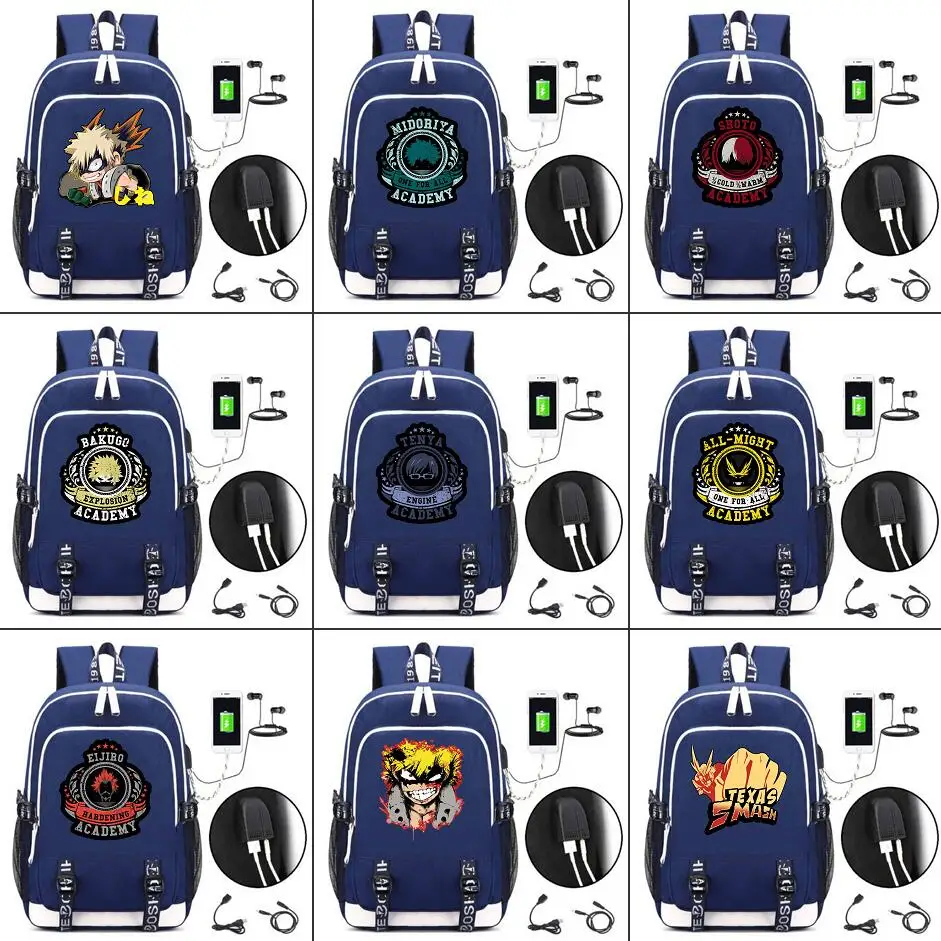 

My Hero Academia Backpack Midoriya Izuku Canvas Student Laptop schoolbag USB Charging Port knapsack Headphone interface Rucksack