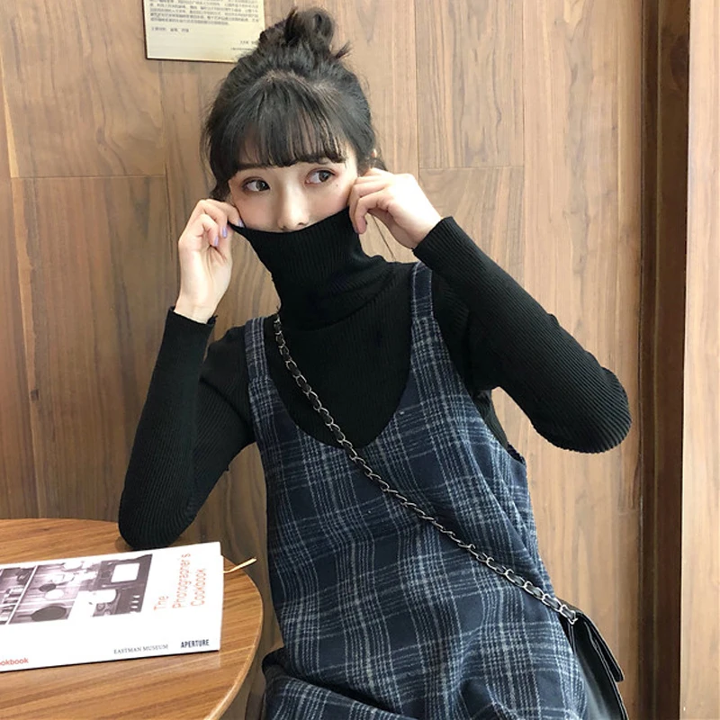 

Women's Spring Wear Women's Korean Fashion Clothing Turtleneck Bottoming Sweater + Vintage Woolen Plaid Dress Two-piece Suit