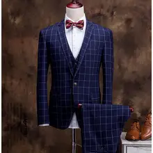 Клетчатые мужские костюмы, модные Официальные мужские свадебные костюмы из 3 предметов, приталенный смокинг Maillot Homme блейзер+ брюки+ жилет для мужчин
