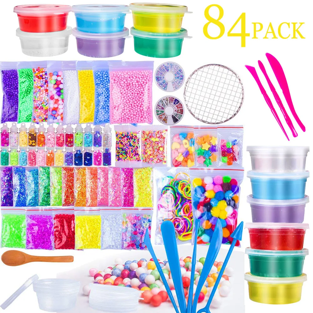 

84 Pack DIY Slime Kit/Crystal Slime/Fruit Slices/Fishbowl Beads/Bottles of Glitter/Foam Beads/Mix Tools/Moulds/Box Container