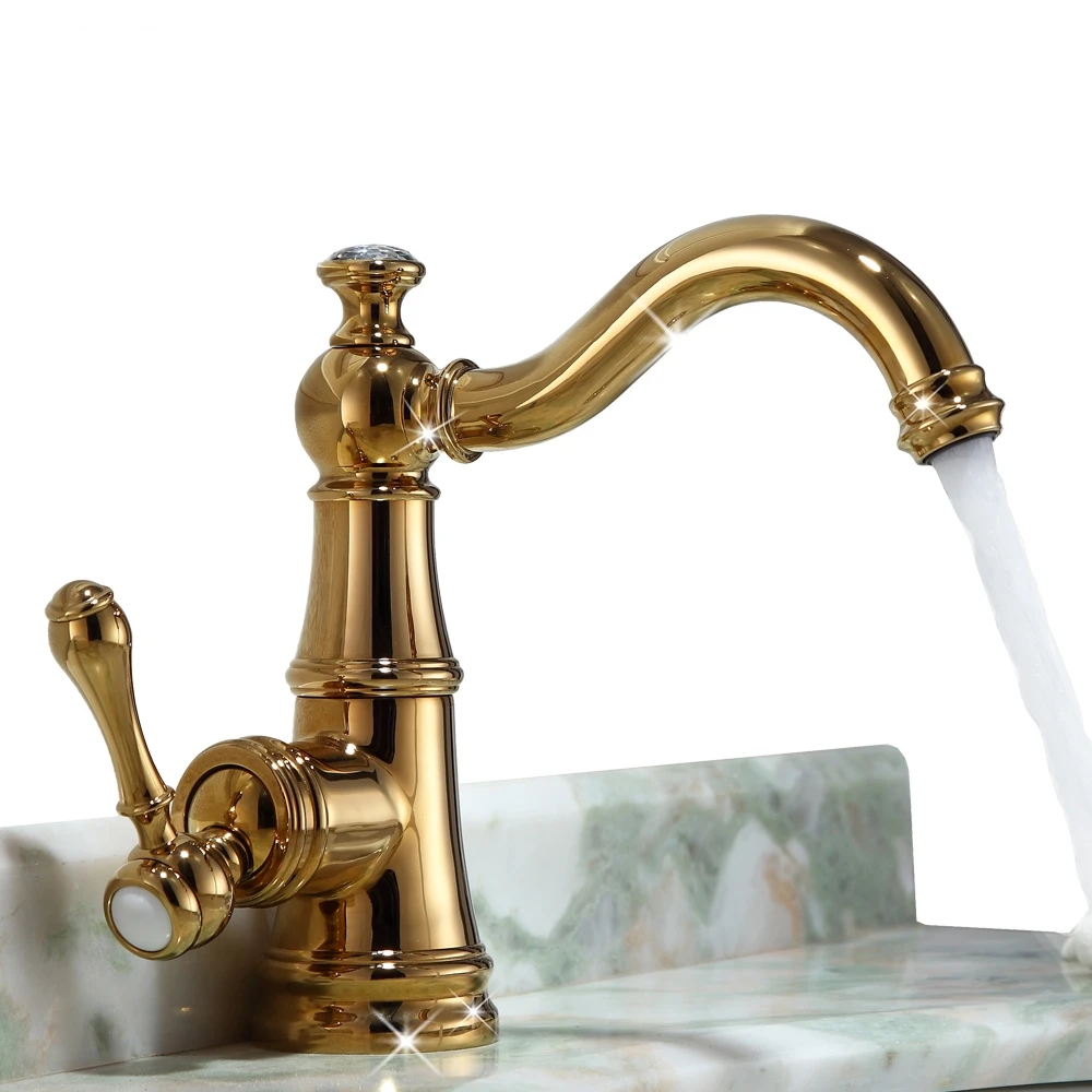 Free ship Ti PVD Finish Solid Brass Bathroom Sink Faucet crystal tap