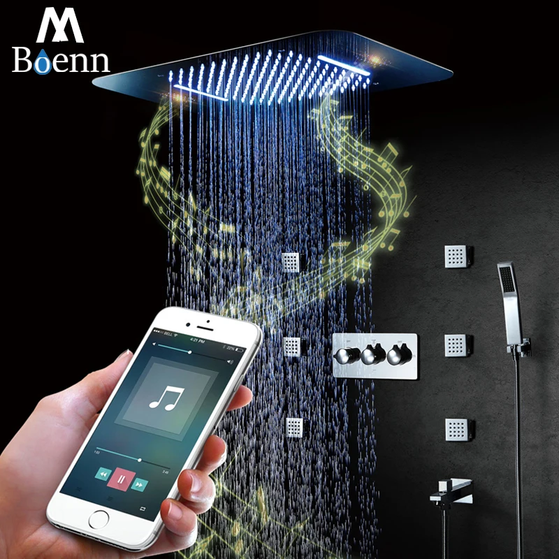 Bluetooth Music LED Light Showerhead 580*380mm Waterfall Shower Bathroom Shower Faucet Mixer Rainfall Ceiling Shower Set 304SUS
