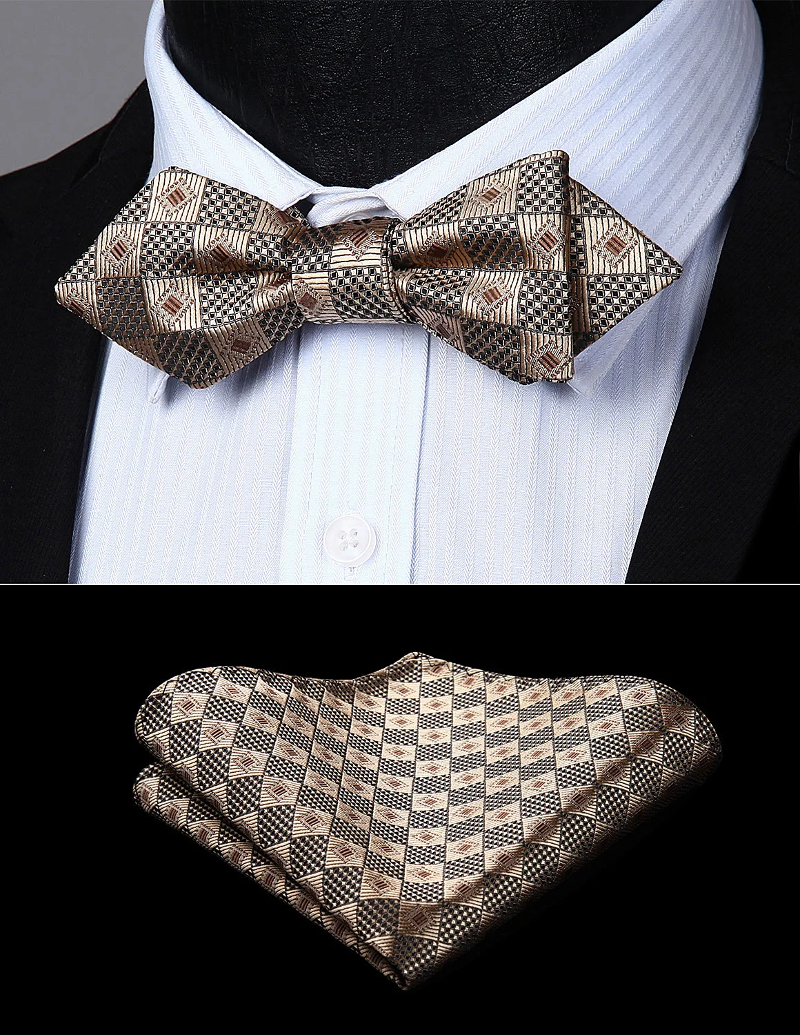  Men Self Bow Tie Paisley Striped Check Diamond Point Tip Handkerchief Set#JT2 Pocket Square Classic