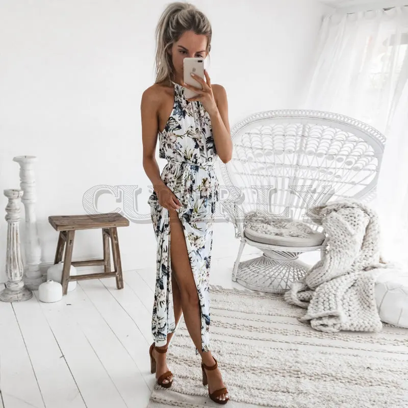 Image CUERLY 2019 Boho Floral Print Straps Long Dress Women Sexy Backless Summer Beach Maxi Dresses Womens Casual CUERLY Femme