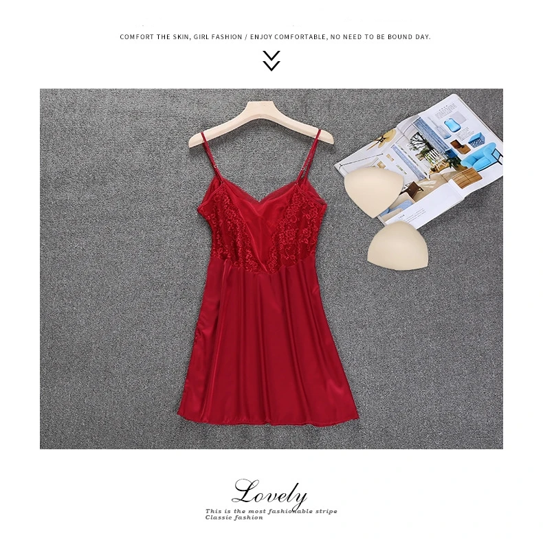 Satin Sexy Nightwear Ladies Sling Night Dress Plus Size Silk Nightdress for Female V Neck Womens Nightgown Sleepwear Chest Pads 49 (10)