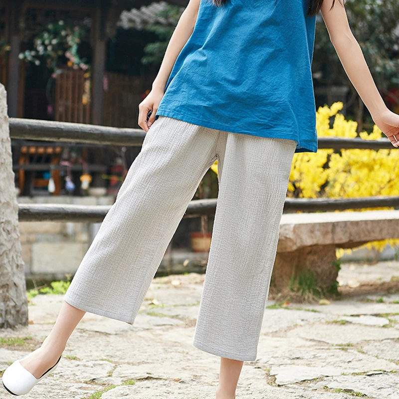 

Johnature Cotton Linen Straight Pants Women Elastic Waist Solid Color 2019 Summer Casual Soft Women Pockets Calf-length Pants
