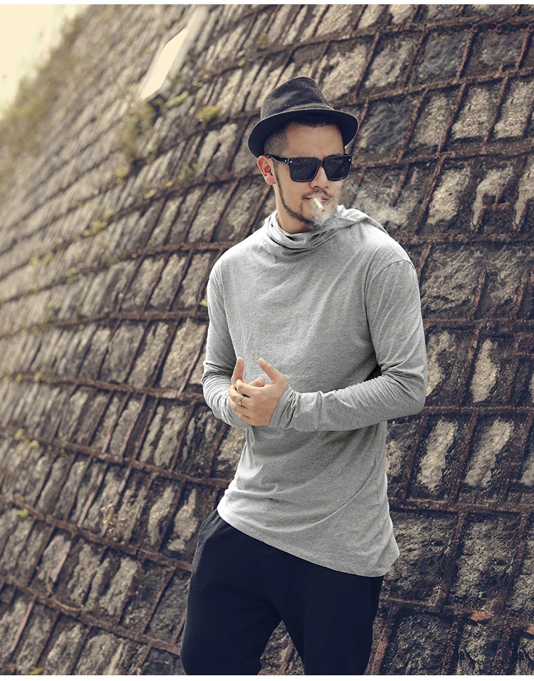 Men Autumn New European Style High Collar Long Sleeve Hooded T-shirt with Cap Men Slim Casual Cotton Irregular T-shirt T908 HTB1IGP4XynrK1RjSsziq6xptpXaB - Men Autumn New European Style High Collar Long Sleeve Hooded T-shirt with Cap Men Slim Casual Cotton Irregular T-shirt T908