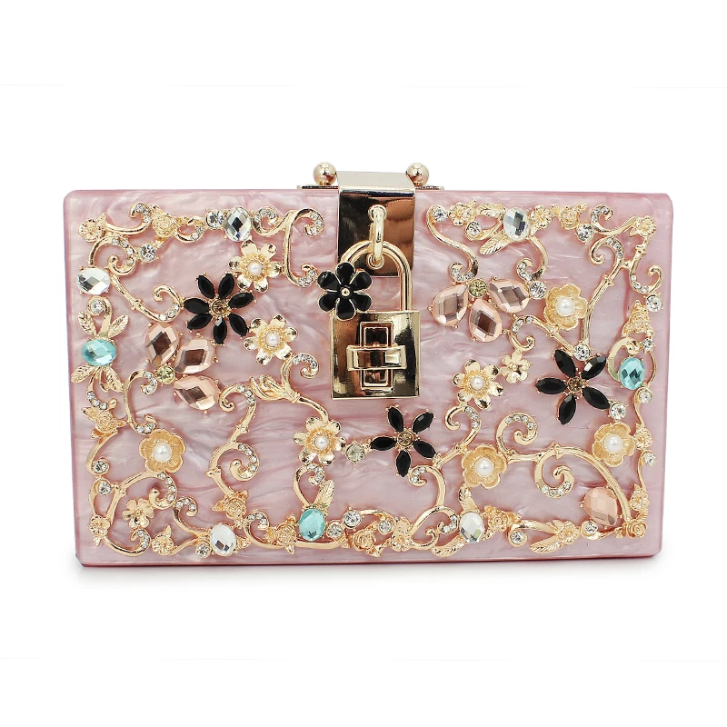 

Italy brand pink Acrylic Ballot lock luxury handbag evening bag clutch for party purse (C164)