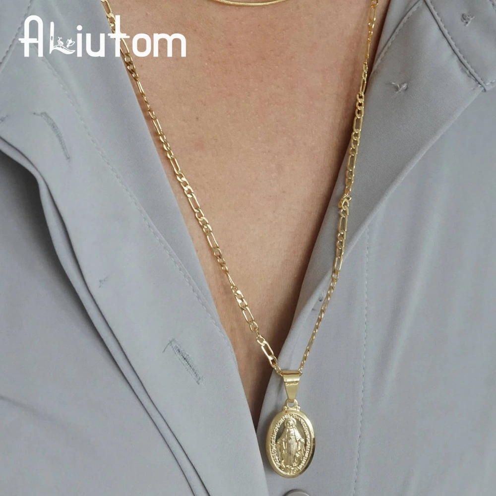 

ALIUTOM Gold Medallion Virgin Mary Necklace, Unisex Necklace, Coin Necklace, Long Layering Necklace