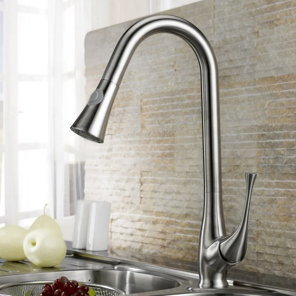 

Free ship Brushed nickel Swivel Pull out Spray Kitchen Bar Sink Faucet mixer tap Single hole