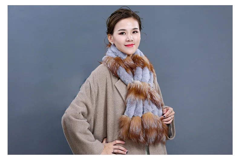 Factory Direct New Real Fur Scarves For Women Handmade Natural Rex Rabbit Fur Scarf With Sliver Fox Fur Wraps (18)