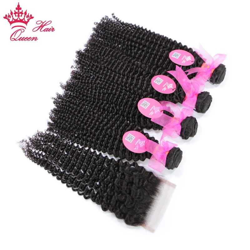 Queen Hair Products Brazilian Kinky Curly Bundles With Closure Human Hair Free Part Lace Closure Virgin Raw Hair Extensions