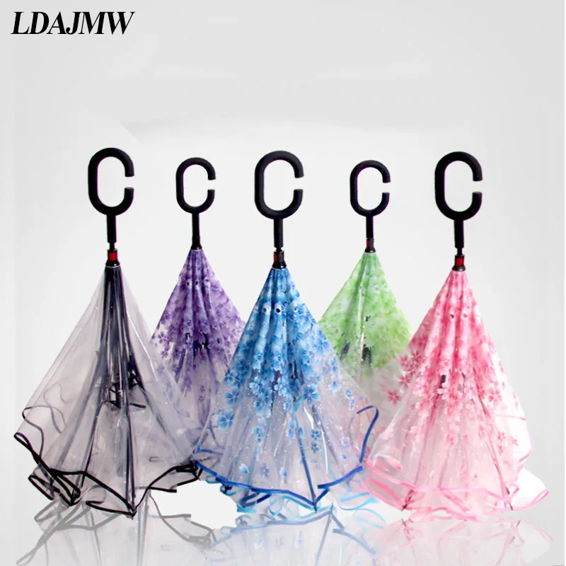 Online LDAJWM Transparent Reverse Regenschirm Doppel Schicht Kirschblüten Invertiert Regenschirm Regen Frauen C Haken Winddicht Faltung Sonnenschirm