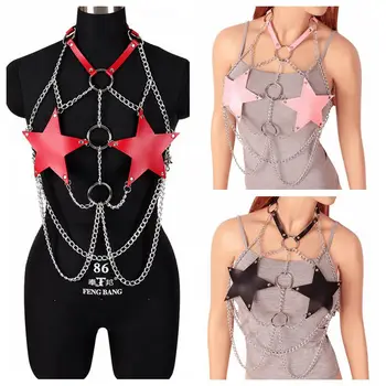

Pentagram Bra Metal Chain Harness Leather Punk Goth Adjust Fashion Party Dance Festival Rave Women Crop Top Cage Lingerie Red