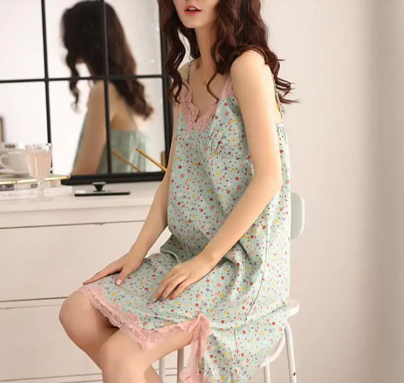 

Pure Cotton Nightdress Female Summer V-Neck Print Green Mini Sexy Nightgowns Sleepwear Women High Quality Free Shipping
