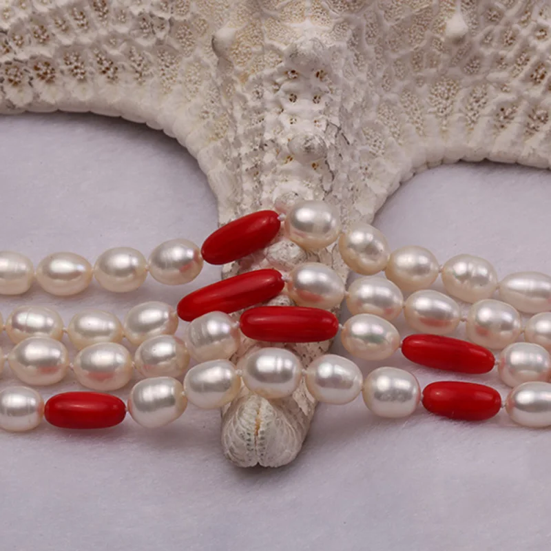 JYX-Оформление! Длинное ожерелье для женщин 7-9 мм Белое натуральное овальное пресноводное жемчужное ожерелье с красными овальными кораллами