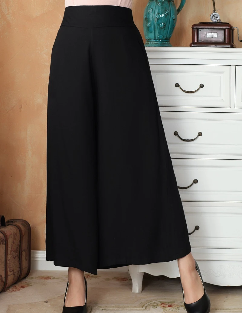

Black Chinese Traditional Women Wide Leg Pant Cotton Elastic Waist Trousers Casual Long Pants Size M L XL XXL 2369-5