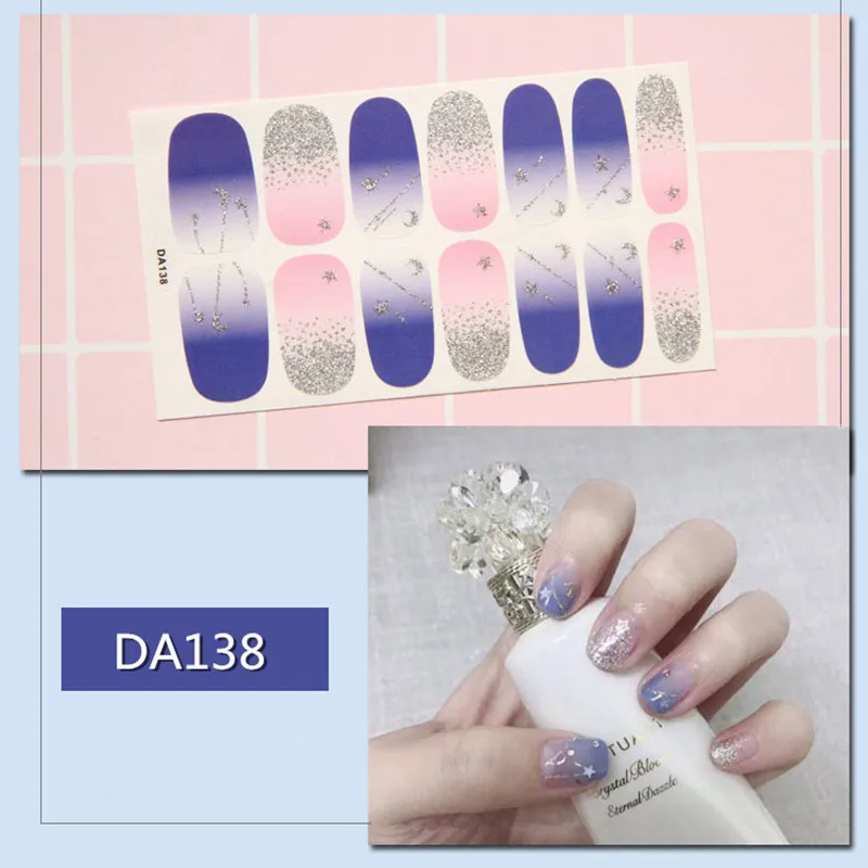 14tips/sheet Glitter Gradient Smudged Nail Polish Stickers Pre Designed DIY Wraps Full Cover Self-adhesive Sticker Tips Manicure