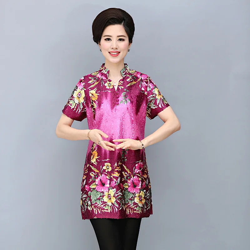 Older women short sleeved summer new silk print dress code factory