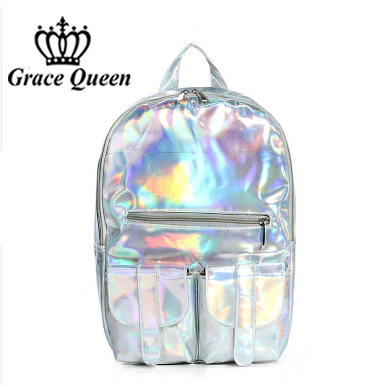 2016 Women Hologram Laser Leather Backpack Holographic Transparent Backpacks Sac a Dos School Bag For Teenagers Travel Rucksack