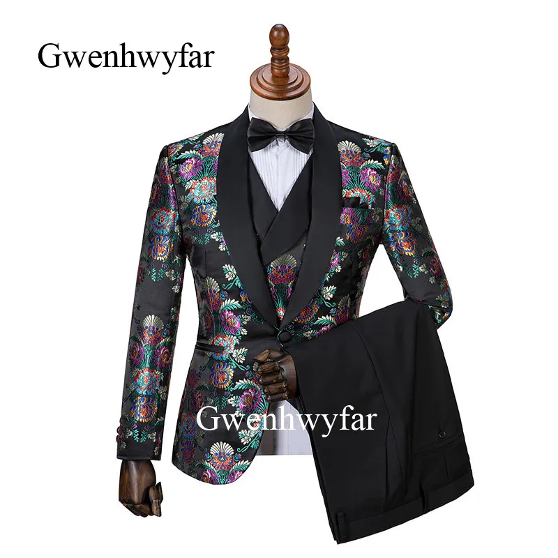 

Gwenhwyfar 2019 Jacquard Flower Black Costume Slim Fit Double Breasted Vest Formal Male Suit Mens Groom Tuxedos Suit For Wedding
