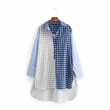 

2020 Spring New Arrival Western Style Patchwork Plaid Blue Shirt Women Slim Side Slit Irregular Blusas Largas Free Shipping