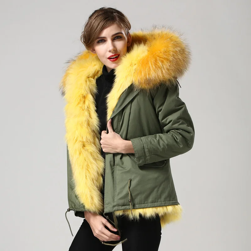 Female oversized fur collar wadded jacket yellow fox fur liner fur coat ...