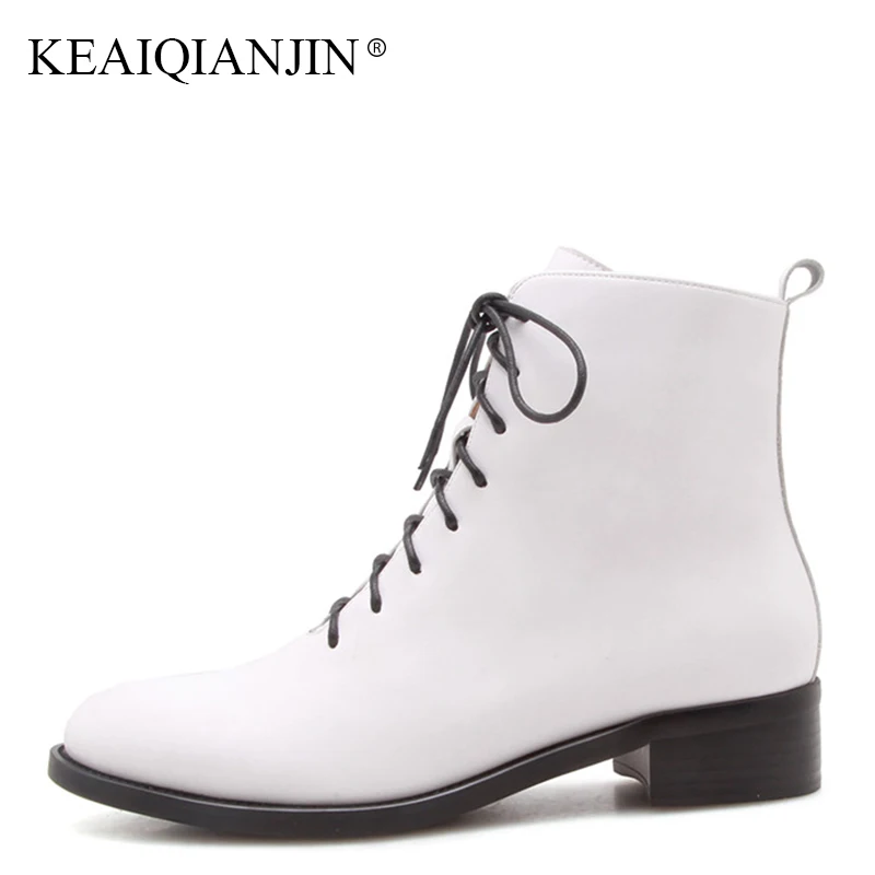 

KEAIQIANJIN Women Black Lace Up Ankle Boots Genuine Leather Plus Size 41 43 Chelsea Boots Winter Autumn White Martin Boots 2018