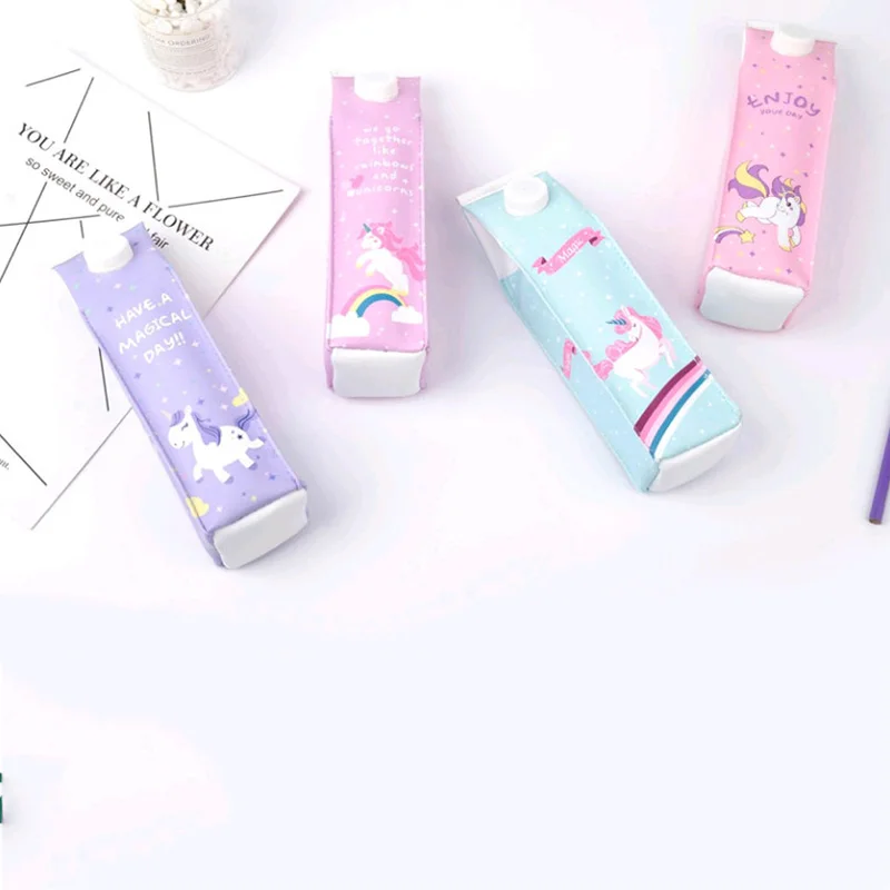 

Kawaii Cute Item Creative Unicorn PU Pencil Bag Novelty Milk Box Shape Pencil Case Pen Bag Kids Gift Office School Papeterie