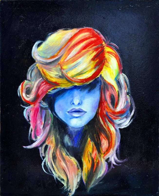 Abstract handmade painting girl portrait with colorful hair on oil