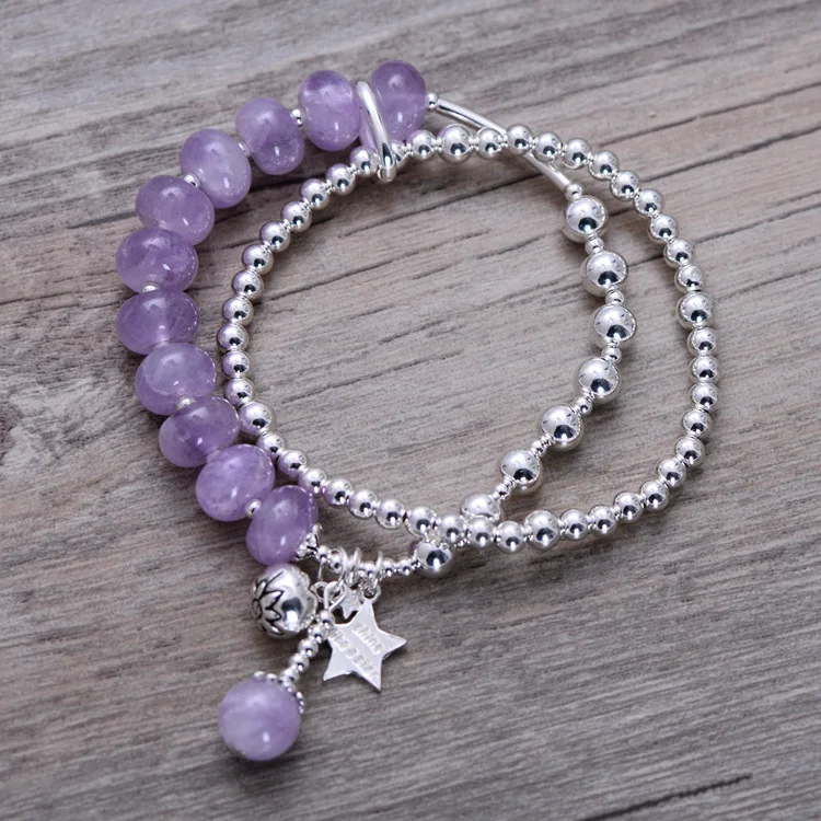 

Fashion 925 Sterling Silver Kunzite Bracelet with Star & Ball Women Vintage Handmade Pure Silver Gift Jewelry H058246