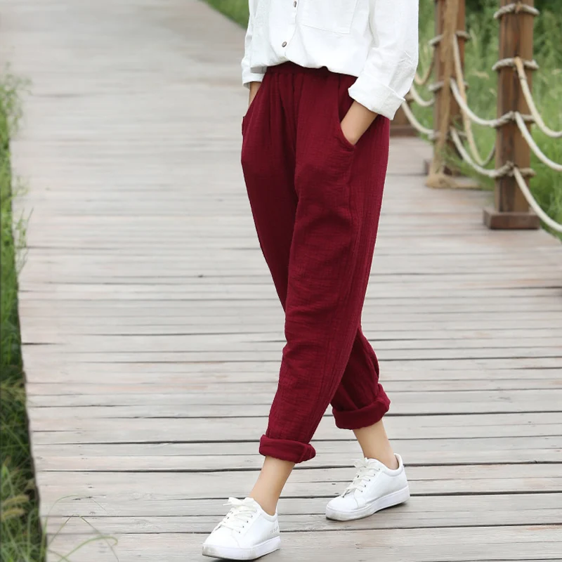 

OriGoods Women Harem Pants Elastic waist Cotton Linen Pants Loose Casual Original Harem Trouser Women Solid Red White Pants C075